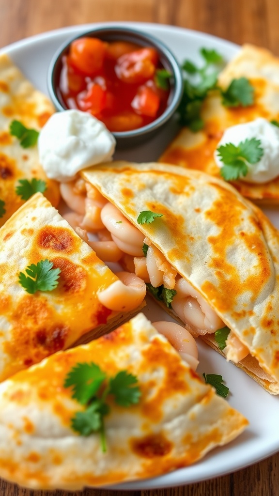 Delicious shrimp quesadillas on a plate with salsa and sour cream.